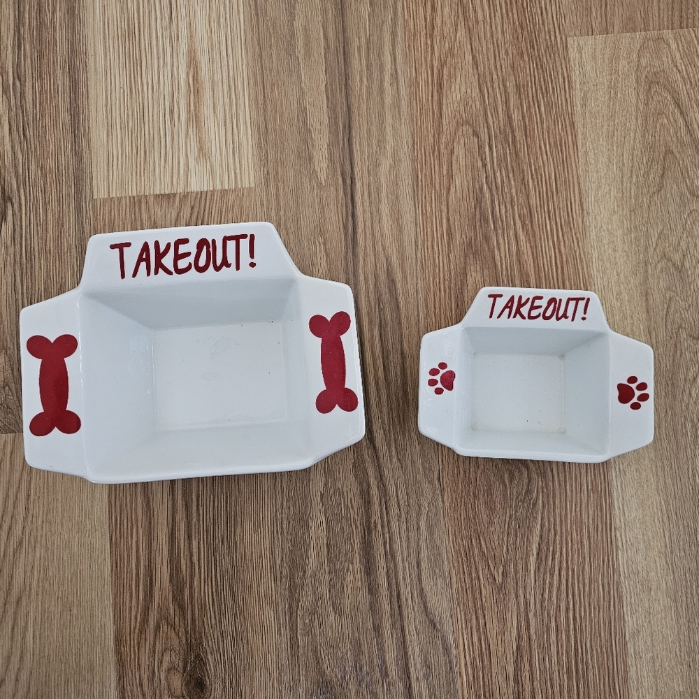 2 ceramic dog or cat food dishes